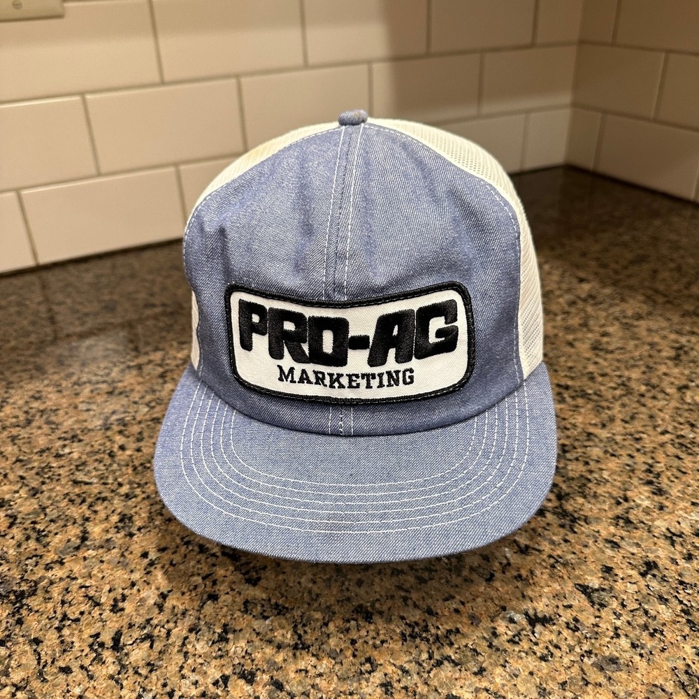 Vtg K-Products PRO-AG Marketing Trucker Hat Adjustable Snapback Blue White USA